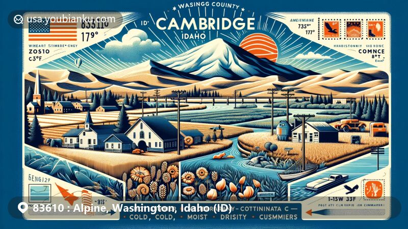 Modern illustration of Cambridge, Washington County, Idaho, capturing its Mediterranean climate with temperatures ranging from -35°F to 117°F, showcasing rural landscapes, and integrating classic postal elements.