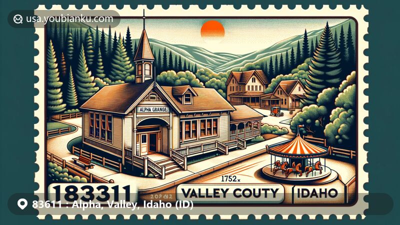 Modern illustration of Cascade, Valley County, Idaho, showcasing historic Alpha Grange and scenic Payette River canyon, with a merry-go-round reflecting rural charm.