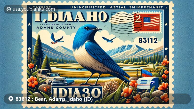 Modern illustration of Bear, Adams County, Idaho, merging regional elements with postal symbolism, featuring ZIP code 83612, Idaho state flag, mountain bluebird, syringa flower, and vintage postal elements.