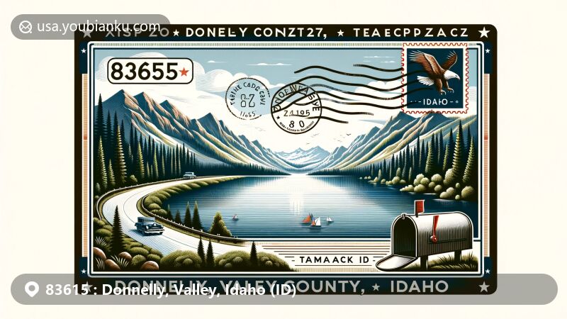 Modern illustration of Donnelly, Valley County, Idaho, featuring scenic byway with Lake Cascade and Tamarack Resort, incorporating vintage air mail envelope design with Idaho state flag stamp and postal mark 'Donnelly, ID 83615'.