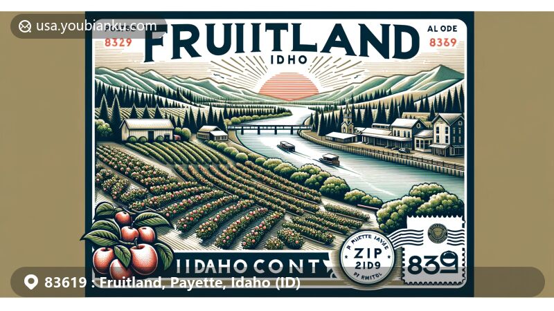 Modern illustration of Fruitland, Idaho, showcasing agricultural heritage with lush apple orchards and postal elements in a creative postcard design, featuring ZIP code 83619 and Idaho state identity.