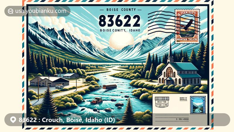 Modern illustration of Crouch, Boise County, Idaho, featuring ZIP code 83622, showcasing mountainous landscapes, river scenes, and Starlight Mountain Theatre on a vintage postage stamp.