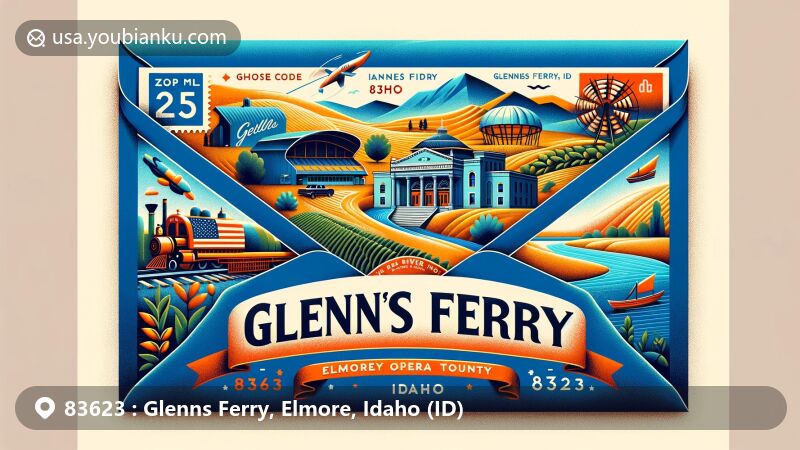 Modern illustration of Glenns Ferry, Idaho, featuring air mail envelope with ZIP code 83623, showcasing Gorby Opera Theatre, Snake River, and agricultural elements.