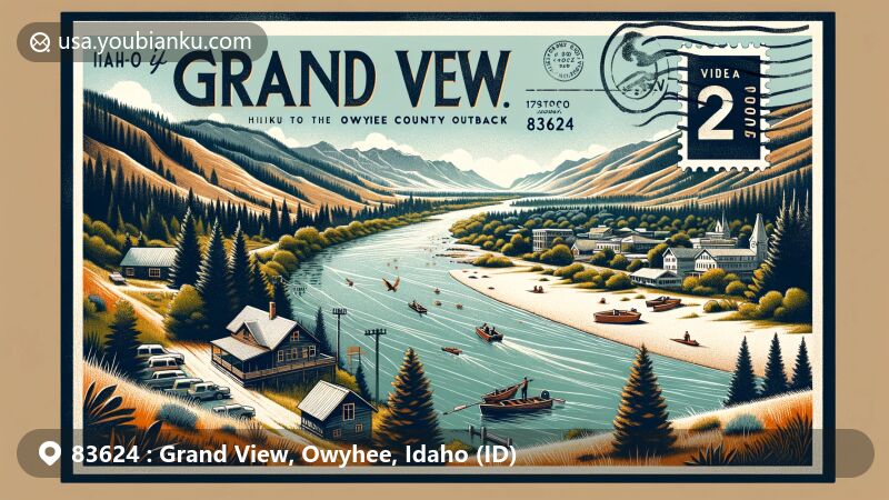 Modern illustration of Grand View, Idaho, showcasing postal theme with ZIP code 83624, emphasizing close ties to nature and outdoor activities along the Snake River.