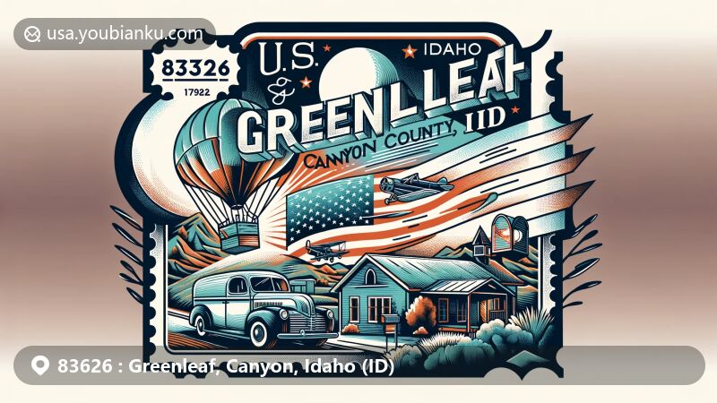 Modern illustration of Greenleaf, Canyon County, Idaho, highlighting postal theme with ZIP code 83626, incorporating Quaker heritage, Idaho state symbols, and a vintage postal truck.