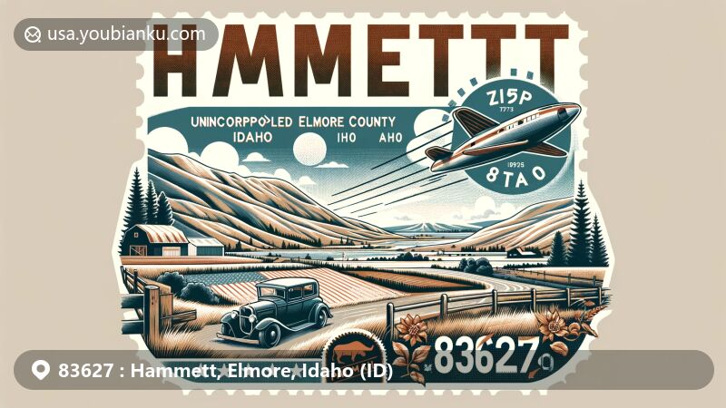 Modern illustration of Hammett, Idaho, showcasing postal theme with ZIP code 83627, highlighting scenic beauty and rural character of the unincorporated community in Elmore County. Features vintage air mail envelope with postage stamp reflecting local landscape.