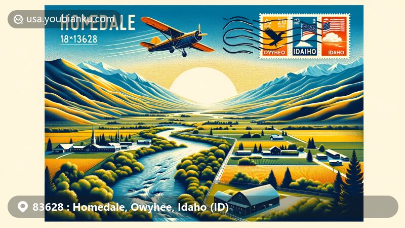 Creative illustration of Homedale, Owyhee County, Idaho, representing ZIP code 83628 with scenic Snake River and surrounding farmland, featuring vintage air mail envelope with Idaho state flag and Owyhee County outline.