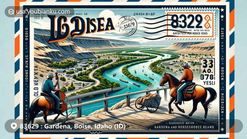 Modern illustration of Gardena and Horseshoe Bend in Boise, Idaho, showcasing State Highway 55 and the Payette River Scenic Byway with cultural elements like banjo and rodeo scene.