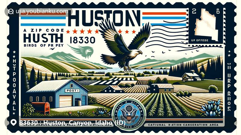 Modern illustration of Huston, Canyon County, Idaho, featuring postal theme with ZIP code 83630, blending natural landscape and postal elements in a creative airmail envelope design.