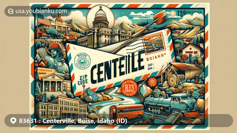 Modern illustration of Centerville, Boise, Idaho, showcasing postal theme with ZIP code 83631, featuring Idaho State Capitol Building, Boise Greenbelt, and Centerville mining community symbols.