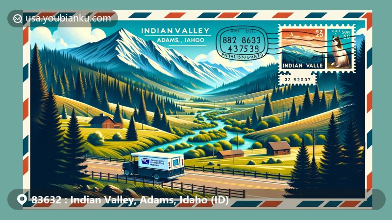 Modern illustration of Indian Valley, Adams County, Idaho, with postal theme representing ZIP code 83632, featuring undulating hills, forests, streams, and mountain views.