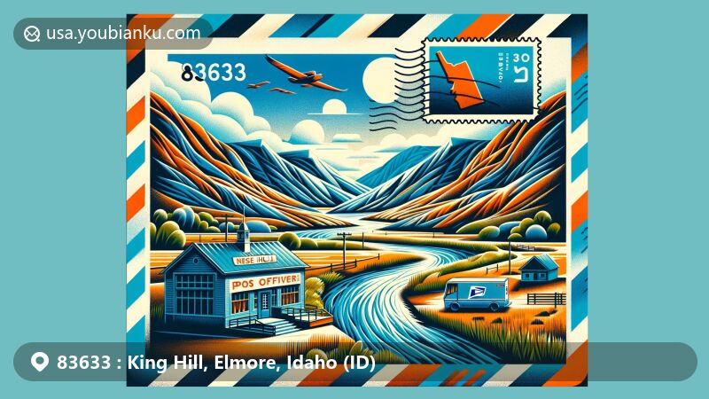 Modern illustration of King Hill, Elmore County, Idaho, merging postal elements with Snake River scenery, showcasing airmail envelope over rugged landscape, featuring post office and ZIP code 83633.