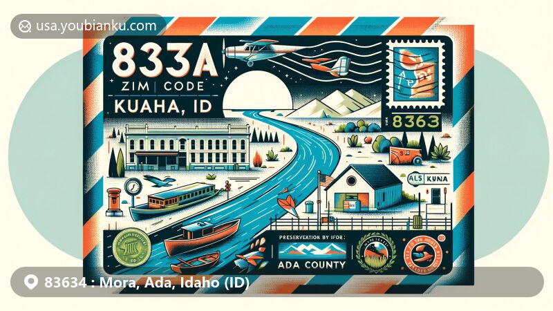 Modern illustration of Kuna, Ada County, Idaho, featuring postal theme with ZIP code 83634, showcasing Mora Canal and cultural heritage elements. Design imitates an airmail envelope with stamps, postal mark '83634 Kuna, ID', and stylized representation of Mora Canal. Also includes symbols of Ada County's historical preservation efforts, symbolized by the outline of a historic building or landmark, highlighting local heritage. Vibrant colors bring the design to life, maintaining consistency with postal theme, creatively and attractively capturing the unique features of this ZIP code without overwhelming detail.