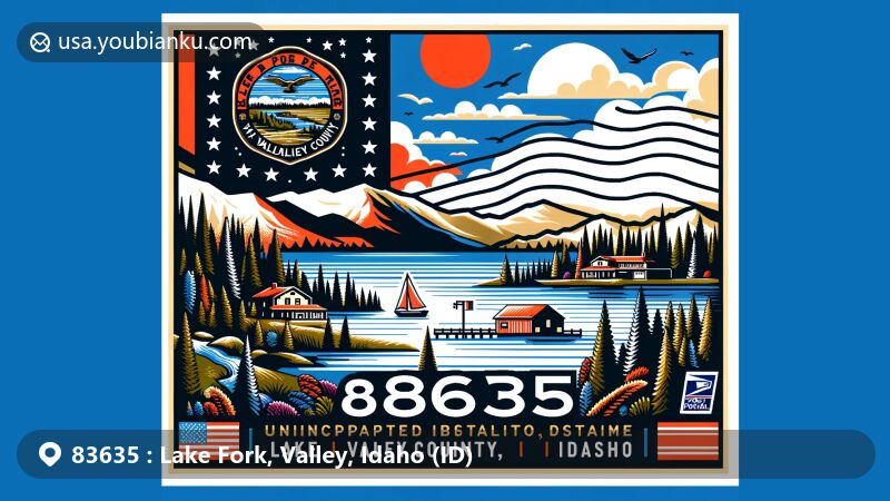 Modern illustration of Lake Fork, Valley County, Idaho, showcasing postal theme with ZIP code 83635, featuring Idaho state flag, Valley County's outline, forests, and mountains.