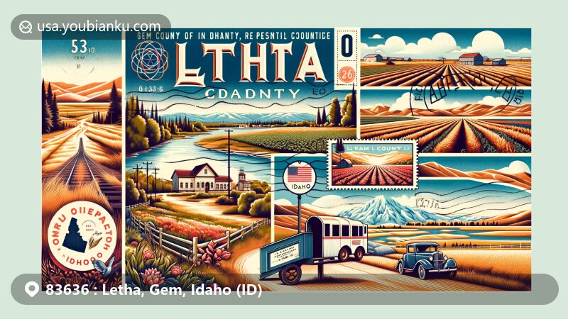 Modern illustration of Letha, Gem County, Idaho, inspired by postal theme of ZIP code 83636, featuring Gem County landscapes, City of Rocks National Reserve, and Shoshone Ice Caves.