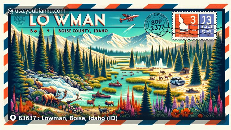 Modern illustration of Lowman, Boise County, Idaho, featuring Boise National Forest with Ponderosa pines, summer wildflowers, deer, elk, Kirkham Hot Springs, rafting, fishing on South Fork Payette River, air mail envelope style postcard with ZIP code 83637, Idaho map silhouette.