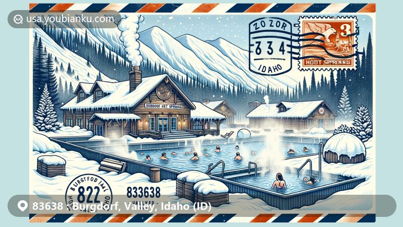 Modern illustration of Burgdorf Hot Springs, Valley County, Idaho, featuring winter scenery with snow-covered mountains in Payette National Forest. The image showcases outdoor pools steaming in the snow, with a vintage airmail envelope displaying ZIP code 83638, Idaho state flag stamp, postal mark, and hot springs drawing.