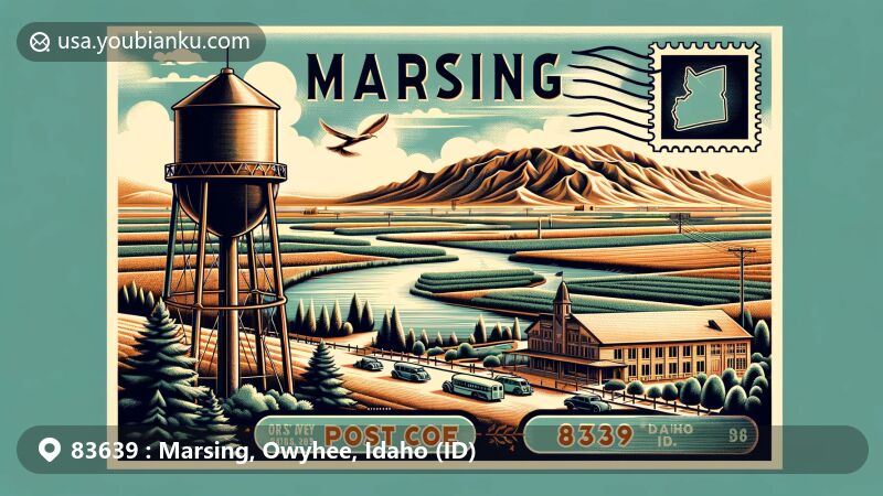 Modern illustration of Marsing, Idaho (83639), showcasing the Marsing water tower, Snake River, and Lizard Butte, with postal theme featuring ZIP code 83639, vintage postcard layout, Idaho state stamp, and postmark stamp.