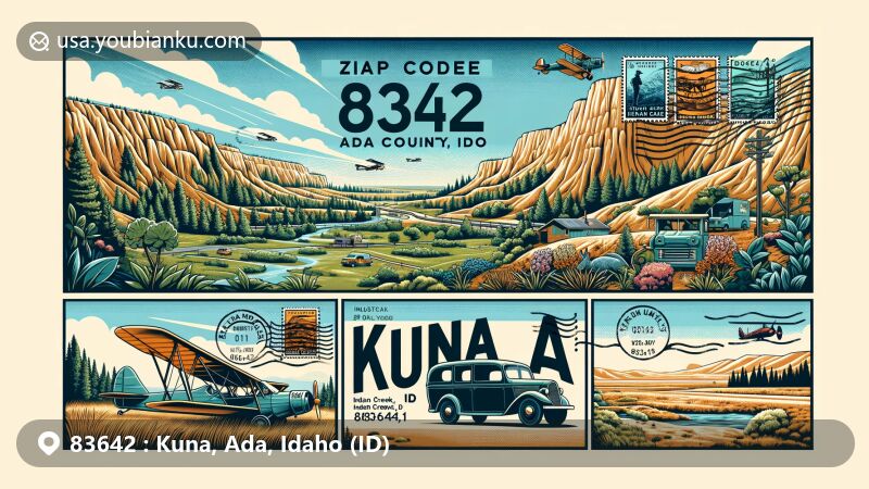 Modern illustration representing Kuna, Ada County, Idaho, with ZIP code 83642, featuring Kuna Caves, Indian Creek Greenbelt, and the Warhawk Air Museum.