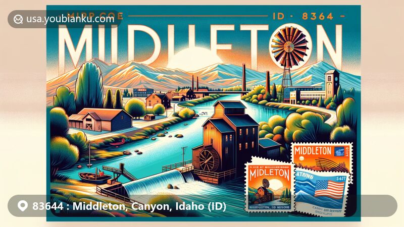 Modern illustration of Middleton, Idaho, in Canyon County, showcasing postal theme with ZIP code 83644, featuring representations of Boise River, oldest settlement in Canyon County, and historical grist mill.