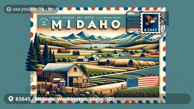 Modern illustration of Midvale, Washington County, Idaho, featuring picturesque rural landscapes and agricultural lifestyle, incorporating iconic Idaho symbols like the state flag and postal elements such as a vintage airmail envelope with postmark and a stamp highlighting the ZIP code 83645.