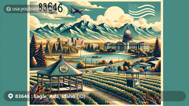 Modern illustration of Eagle, Ada County, Idaho, showcasing local characteristics and postal themes with ZIP code 83646, featuring Boise Mountains, Eagle Foothills AVA, Heritage Park, and Idaho State Capitol Building.