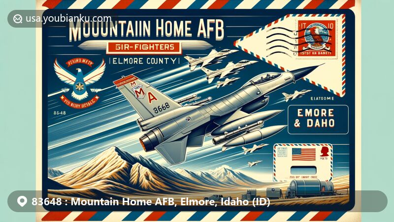 Modern illustration of Mountain Home AFB, Elmore, Idaho, ZIP code 83648, featuring F-16 and F-15E Strike Eagle fighter jets in flight, with a postal-themed vintage airmail envelope showcasing Idaho's natural beauty.