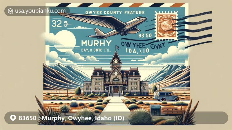 Modern illustration of Murphy, Owyhee County, Idaho, showcasing the Owyhee County Courthouse and scenic Owyhee Mountains, with vintage postal theme highlighting ZIP code 83650.