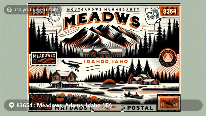 Modern illustration of Meadows, Adams County, Idaho, highlighting ZIP code 83654 and showcasing natural beauty, community spirit, and local landmarks like Meadows Valley School, Brundage Mountain, and Little Ski Hill.
