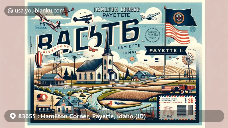 Modern illustration of Hamilton Corner, Payette, Idaho, showcasing postal theme with ZIP code 83655, featuring Idaho state flag, landmarks, and agricultural scenes.