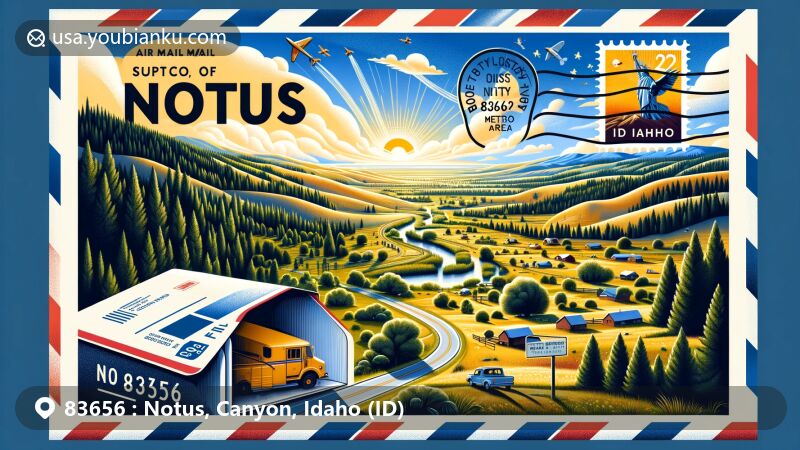 Modern illustration of Notus, Canyon County, Idaho, showcasing tranquil natural beauty with lush forests, rolling hills, and open fields, depicted through an airmail envelope symbolizing outdoor activities like camping, fishing, hunting, hiking, and biking.