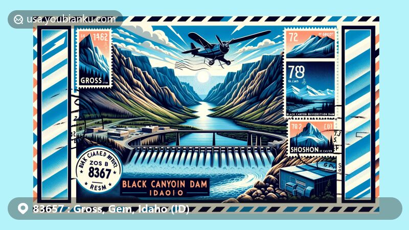 Modern illustration of Gross, Gem County, Idaho, emphasizing ZIP code 83657, showcasing Black Canyon Diversion Dam, Rocky Mountains, Hagerman Fossil Beds, Shoshone Ice Caves, in a stylized airmail envelope with postal stamps, highlighting Idaho's natural beauty.