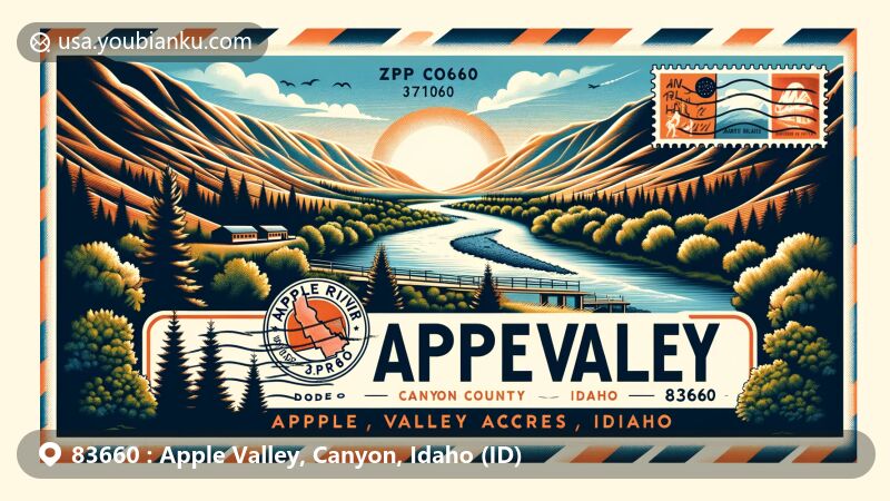 Modern illustration of Apple Valley, Canyon County, Idaho, featuring a postcard design with a vintage air mail envelope border, a stylized postage stamp displaying ZIP code 83660 and Idaho's outline, and a postmark from Apple Valley. The artwork showcases the picturesque Snake River and surrounding mountains, reflecting the area's natural beauty and access.
