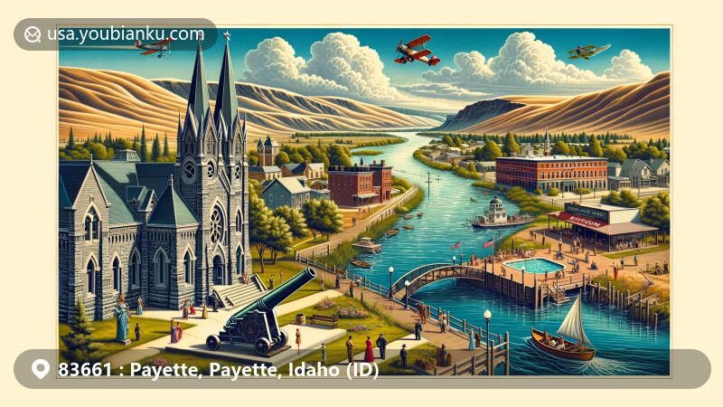 Vintage aviation-themed postcard illustration of Payette, Idaho, featuring Snake River, Payette County Museum, Payette Municipal Swimming Pool, and Payette Apple Blossom Festival, highlighting regional history, culture, and community.
