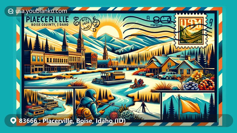 Modern illustration of Placerville, Boise County, Idaho, featuring historic downtown, Ponderosa Pine Scenic Byway, Payette River, and outdoor activities like snowmobiling and hiking, with Idaho state flag, vintage stamp, and postal elements.