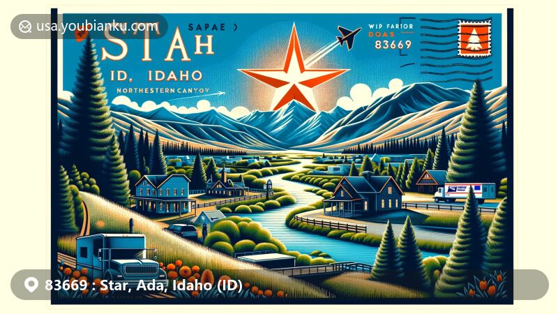 Modern illustration of Star, Idaho, showcasing postal theme with ZIP code 83669, featuring local geography and landmarks, reflecting the city's growth and unique naming through star imagery.