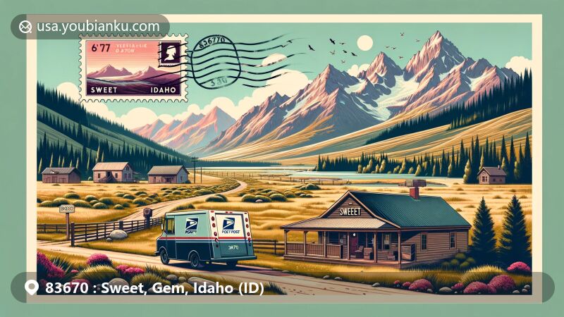 Modern illustration of Sweet, Gem County, Idaho, depicting rural charm and natural beauty with open countryside, majestic mountains, abundant wildlife, and outdoor activities like hiking and biking, featuring postal theme with vintage postcard layout and ZIP code 83670.