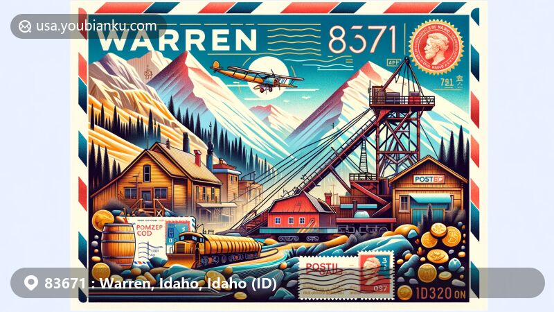 Modern illustration of Warren, Idaho, showcasing postal theme with ZIP code 83671, featuring gold mining history, Chinese community influence, and Salmon River Mountains.