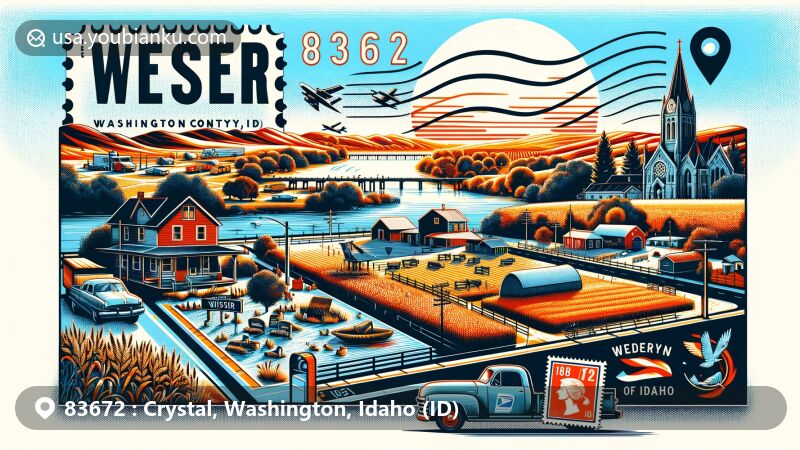 Modern illustration showcasing Weiser, Idaho's postal identity with ZIP code 83672, blending vibrant postcard-style elements highlighting Washington County's landscape, Snake River, farmlands, landmarks, and cultural symbols.