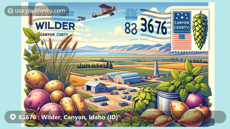 Modern illustration of Wilder, Canyon County, Idaho, presenting a vibrant farming community with diverse crops like potatoes, sugar beets, onions, and more, including a hops element symbolizing beer brewing. Creative postal theme with ZIP code 83676, Idaho state flag, and airmail envelope.