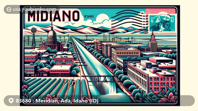 Modern illustration of Meridian, Ada County, Idaho, featuring iconic landmarks and natural landscapes through a postcard motif, showcasing Settlers' Irrigation Ditch symbolizing agricultural history and ZIP code 83680.