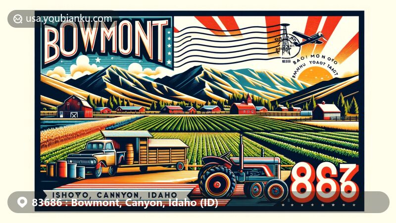Modern illustration of Bowmont, Canyon County, Idaho, showcasing postal theme with ZIP code 83686, featuring agricultural community characteristics and scenic landscapes of southwestern Idaho.
