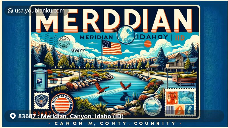 Modern illustration of Meridian, Canyon County, Idaho, featuring Idaho state flag, Canyon County map outline, Julius M. Kleiner Memorial Park, and postal elements like stamps, 'Meridian, ID 83687' postmark, mailbox, and vintage postal truck.