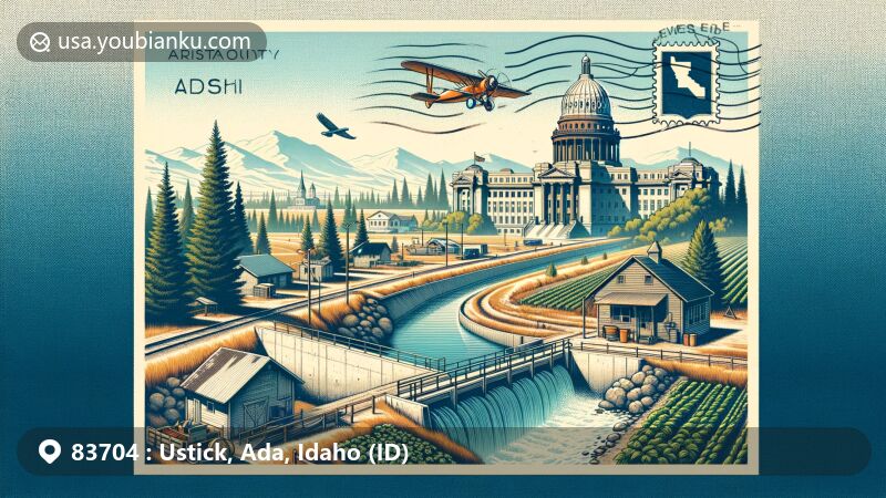 Modern illustration of Ustick neighborhood, Ada County, Idaho, featuring vintage postcard design with Idaho State Capitol, local landmarks like irrigation canal, and nods to Dr. Harlen P. Ustick's story, incorporating Shoshone Falls and Sawtooth mountain range.