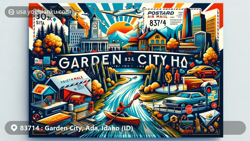 Modern illustration of Garden City, Ada County, Idaho, showcasing postal theme with ZIP code 83714, featuring Boise River, Greenbelt, River Club, and local cultural elements.