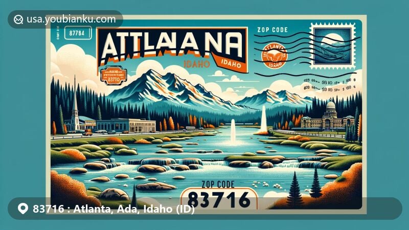 Modern illustration of Atlanta, Idaho 83716, resembling a postcard with scenic views of mountains, rivers, and hot springs, capturing the area's history and natural beauty.