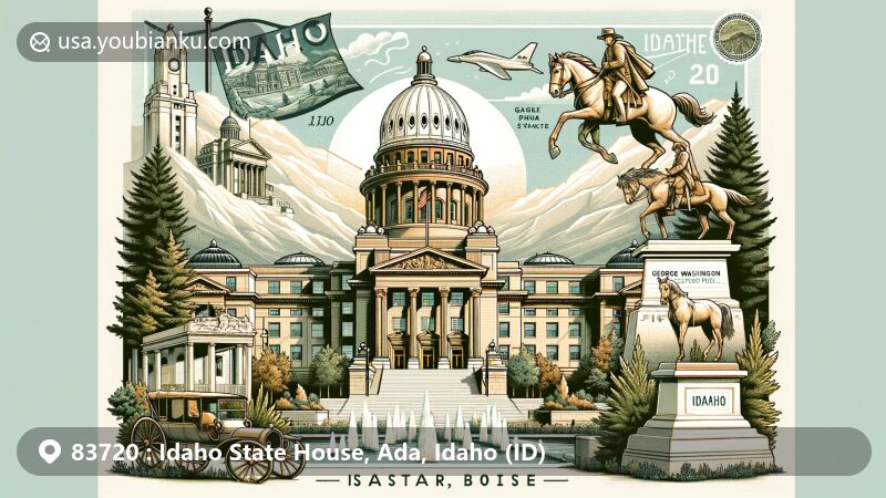 Modern illustration of Idaho State Capitol building in Boise, emphasizing classical architecture and historic elements like George Washington Equestrian Statue and Governor's Ceremonial Office desk, complemented by Idaho's natural beauty.