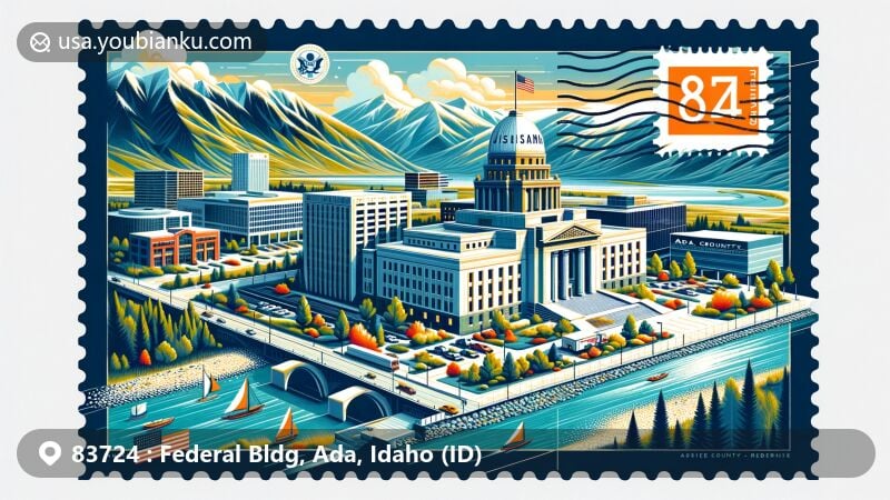 Modern illustration of the 83724 ZIP code area in Boise, Idaho, featuring the James A. McClure Federal Building and Courthouse, Boise River, Boise Range mountains, and Snake River, with postal elements like mail envelope, Idaho state flag stamp, and postmark.
