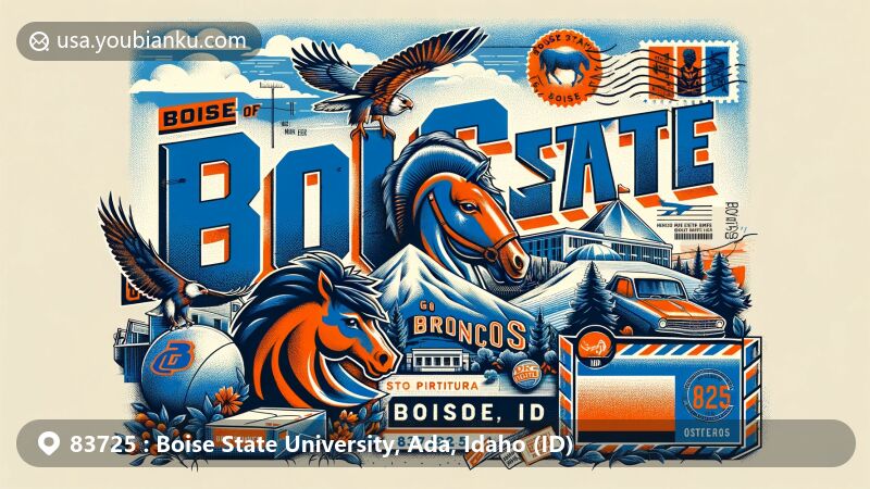 Modern illustration of Boise State University and surroundings in ZIP code 83725, Idaho, featuring university symbols like wordmark, mascot Buster Bronco, state symbols like peregrine falcon and western white pine, and postal elements.