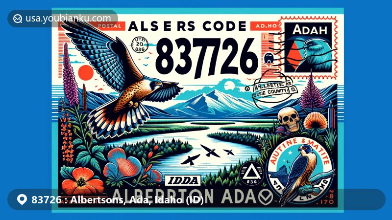 Modern illustration of Albertsons in Ada County, Idaho, depicting a vintage air mail envelope showcasing unique local and state symbols like the Boise River, mountain bluebird, syringa, and star garnet, with prominent ZIP code 83726.
